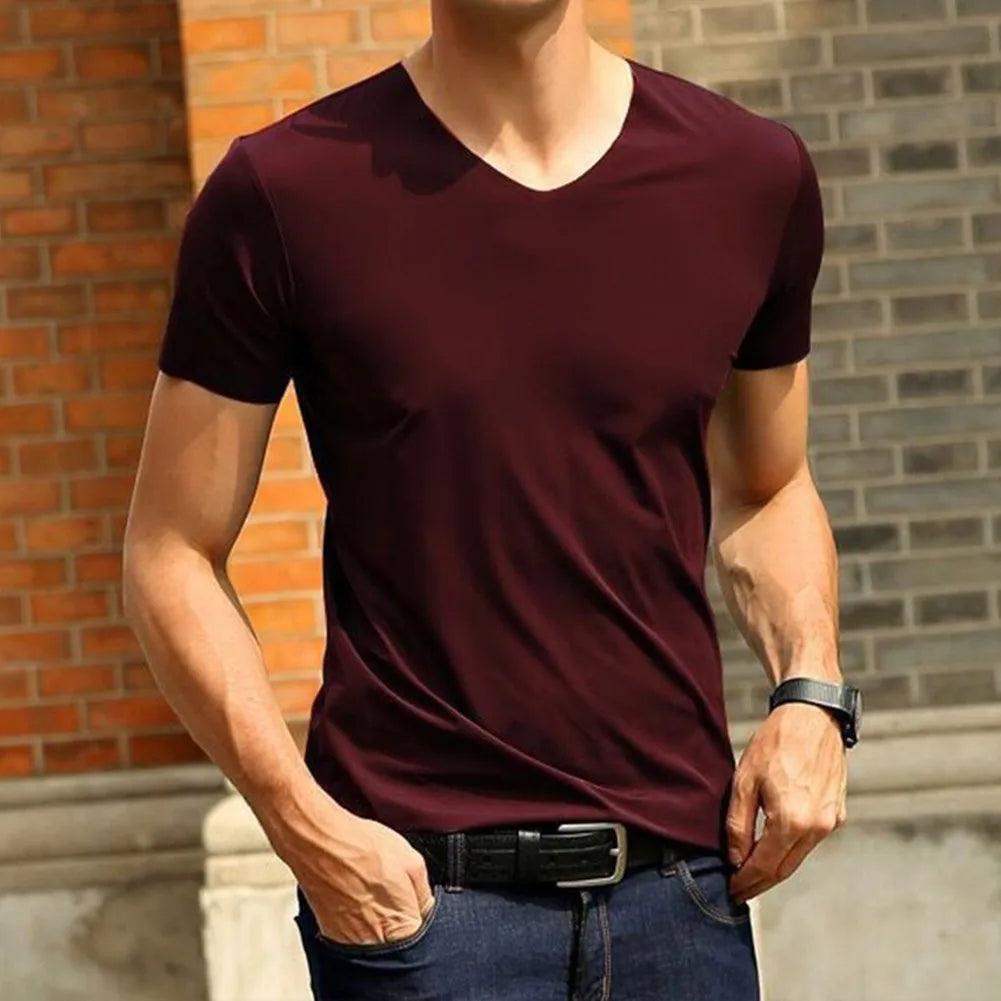 Adenbora - T-shirt estival homme en polyester, style décontracté, col V, manches courtes, confort optimal. - Adenbora