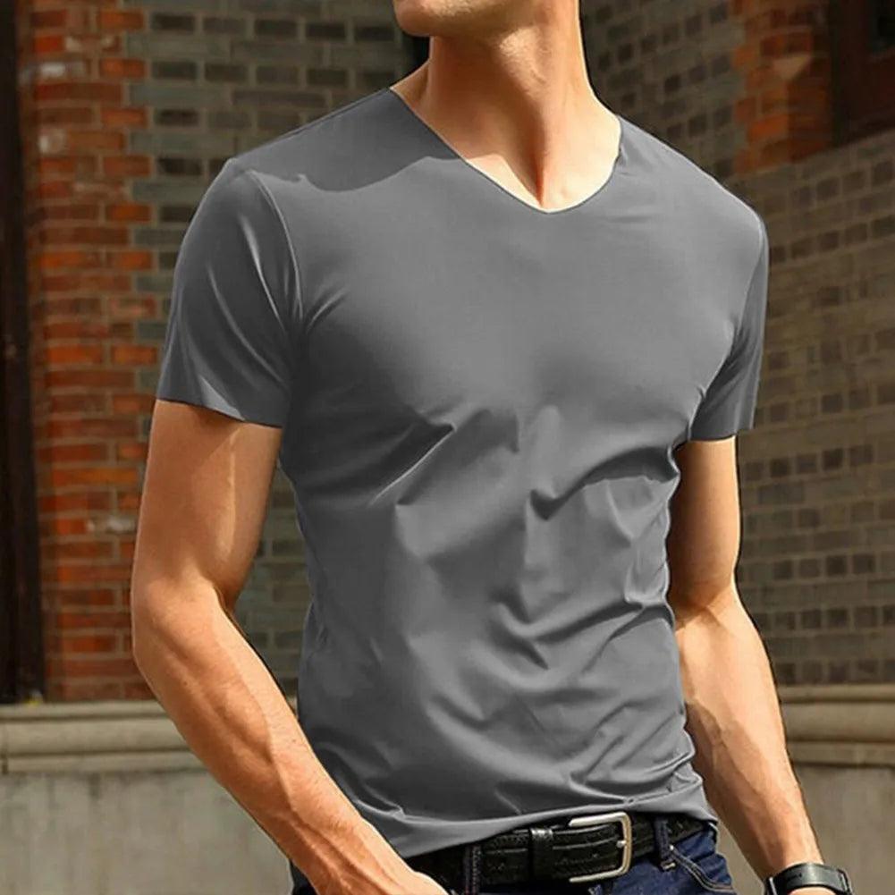 Adenbora - T-shirt estival homme en polyester, style décontracté, col V, manches courtes, confort optimal. - Adenbora