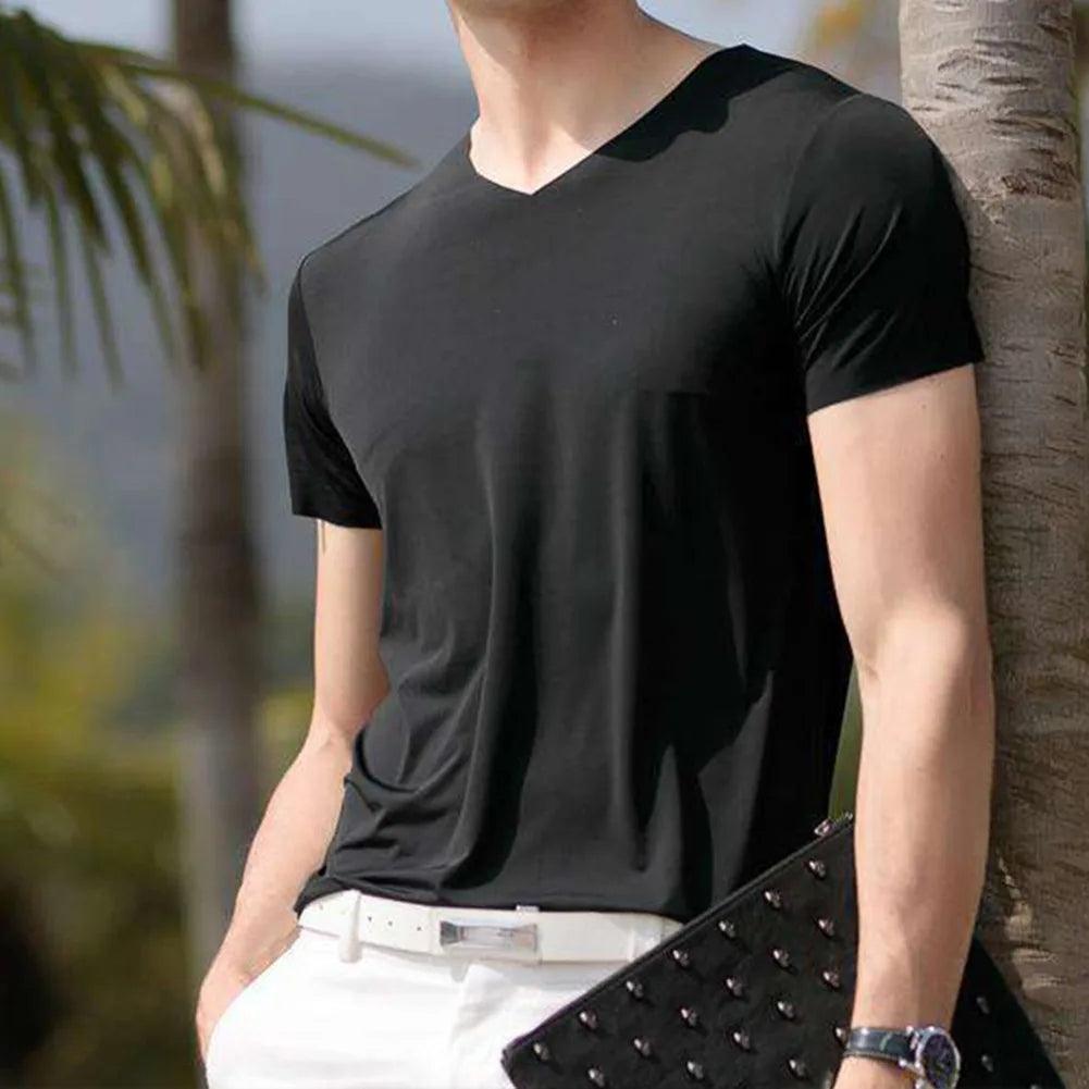 Adenbora - T-shirt estival homme en polyester, style décontracté, col V, manches courtes, confort optimal. - Adenbora