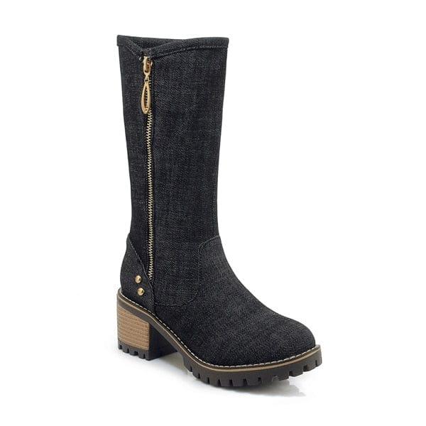 Bottes mi-mollet CDPUNDARI en denim avec plateforme et talon carré pour femme - Adenbora