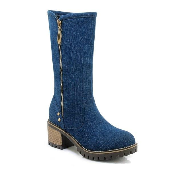 Bottes mi-mollet CDPUNDARI en denim avec plateforme et talon carré pour femme - Adenbora