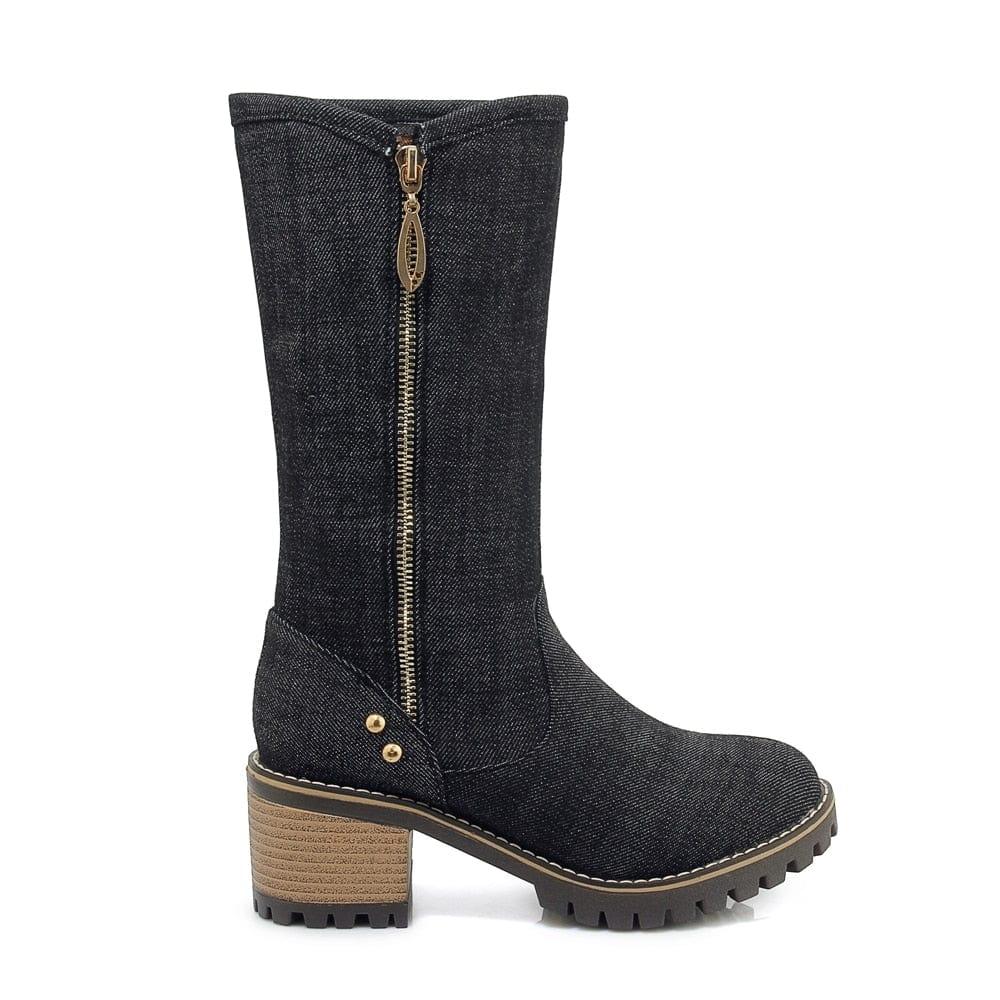 Bottes mi-mollet CDPUNDARI en denim avec plateforme et talon carré pour femme - Adenbora