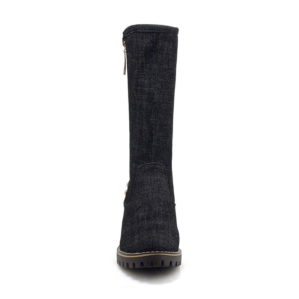 Bottes mi-mollet CDPUNDARI en denim avec plateforme et talon carré pour femme - Adenbora