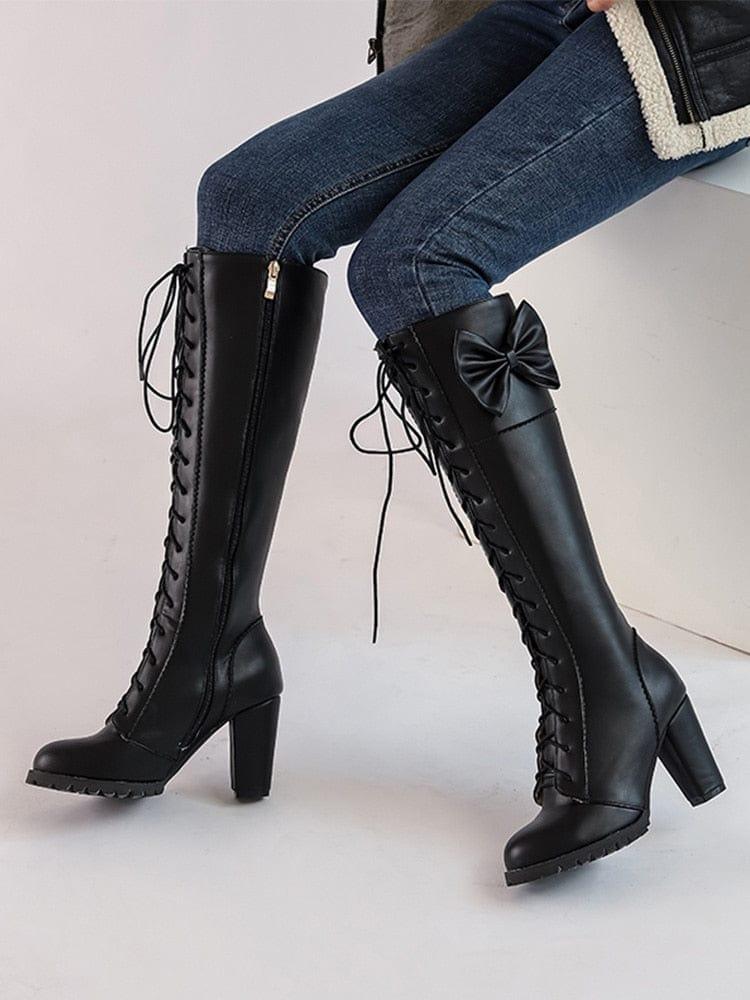 Bottes pour femme style gothique avec talons carré et fermeture lacets - Adenbora