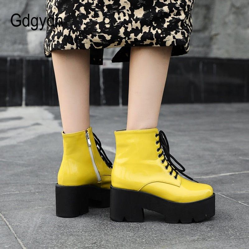 Bottines à talons hauts et plateforme pour femme en cuir verni style punk - Adenbora