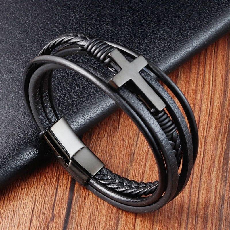 Bracelet en cuir pour homme en acier inoxydable de conception croisée - Adenbora