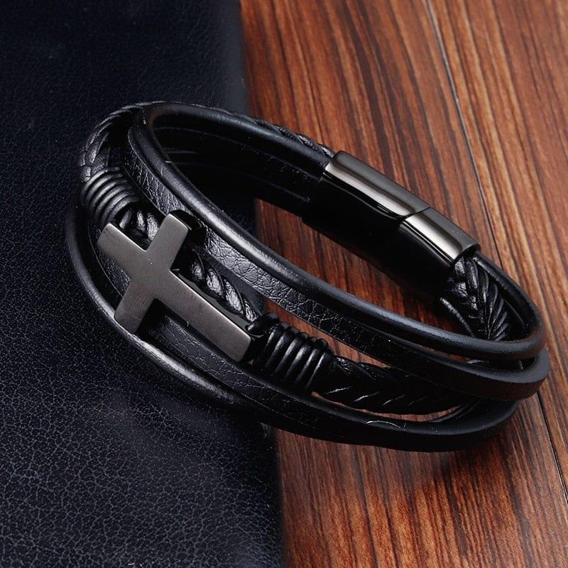 Bracelet en cuir pour homme en acier inoxydable de conception croisée - Adenbora