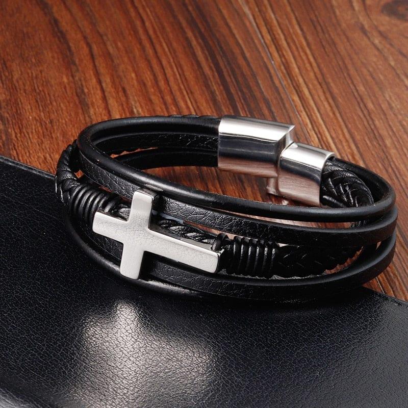 Bracelet en cuir pour homme en acier inoxydable de conception croisée - Adenbora