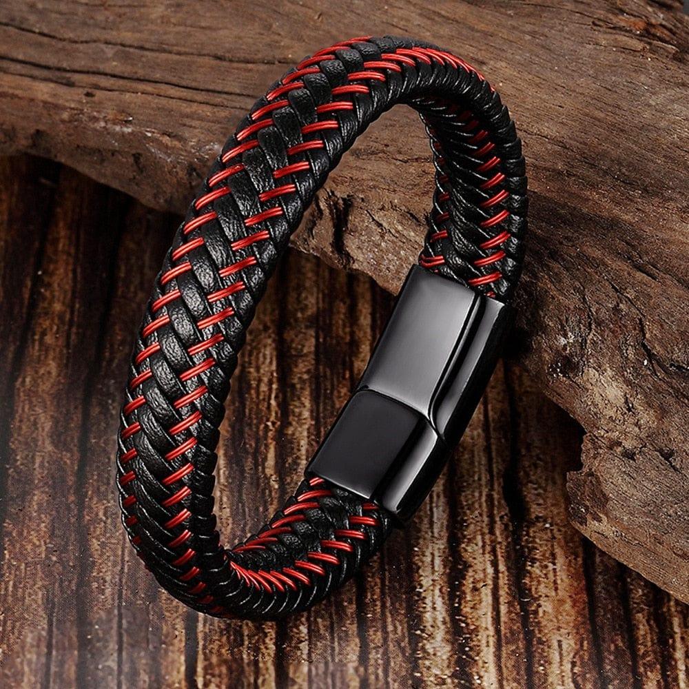 Bracelet en cuir tressé rouge pour homme en acier inoxydable - Bijou vintage en cuir pour hommes - Adenbora