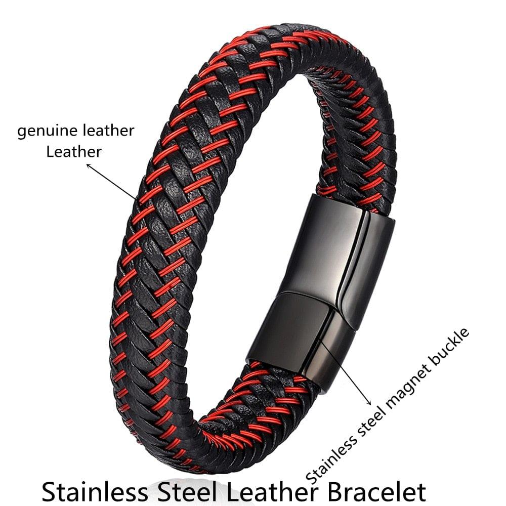 Bracelet en cuir tressé rouge pour homme en acier inoxydable - Bijou vintage en cuir pour hommes - Adenbora