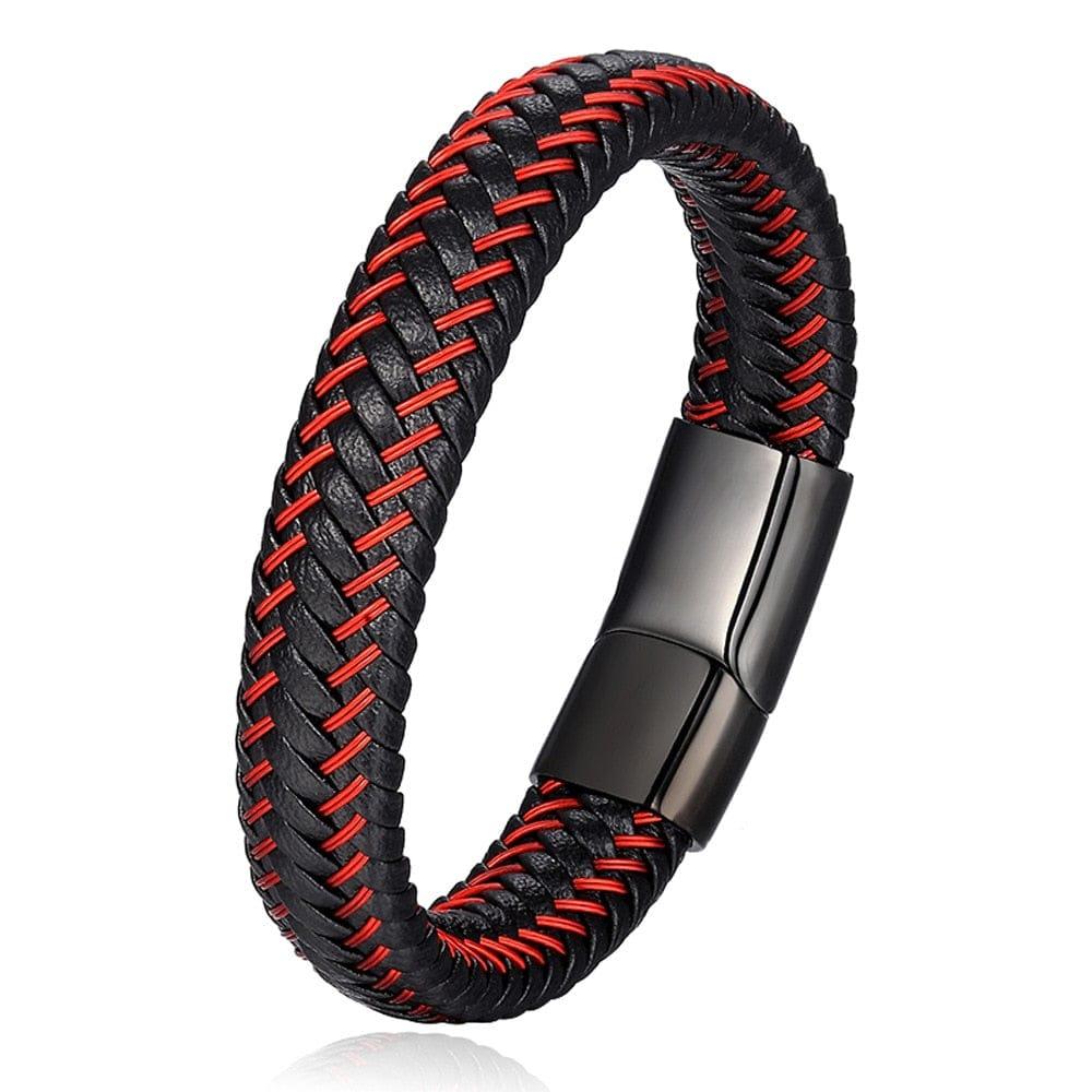 Bracelet en cuir tressé rouge pour homme en acier inoxydable - Bijou vintage en cuir pour hommes - Adenbora