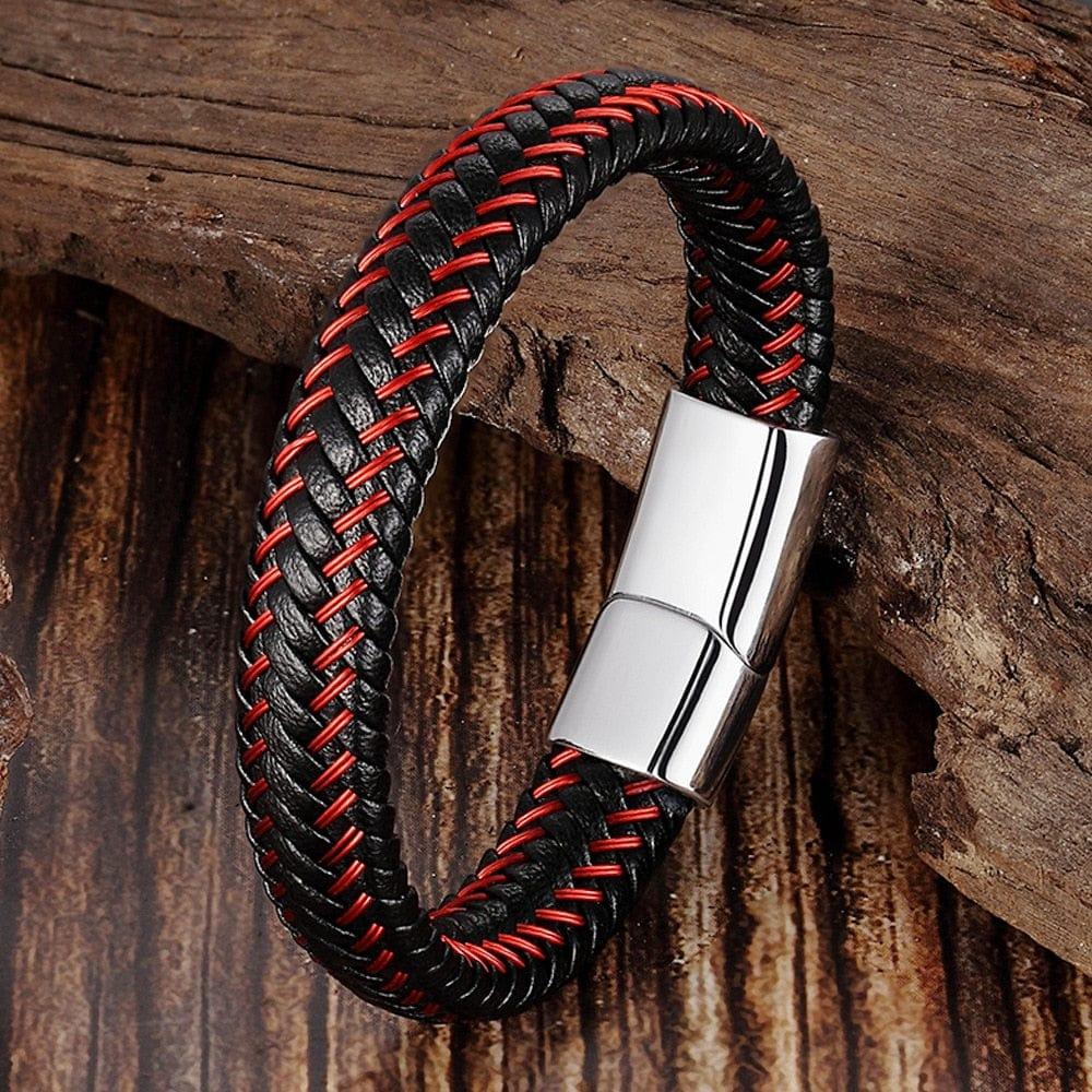 Bracelet en cuir tressé rouge pour homme en acier inoxydable - Bijou vintage en cuir pour hommes - Adenbora