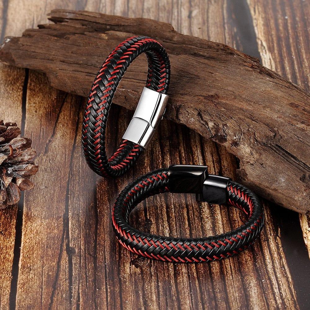 Bracelet en cuir tressé rouge pour homme en acier inoxydable - Bijou vintage en cuir pour hommes - Adenbora