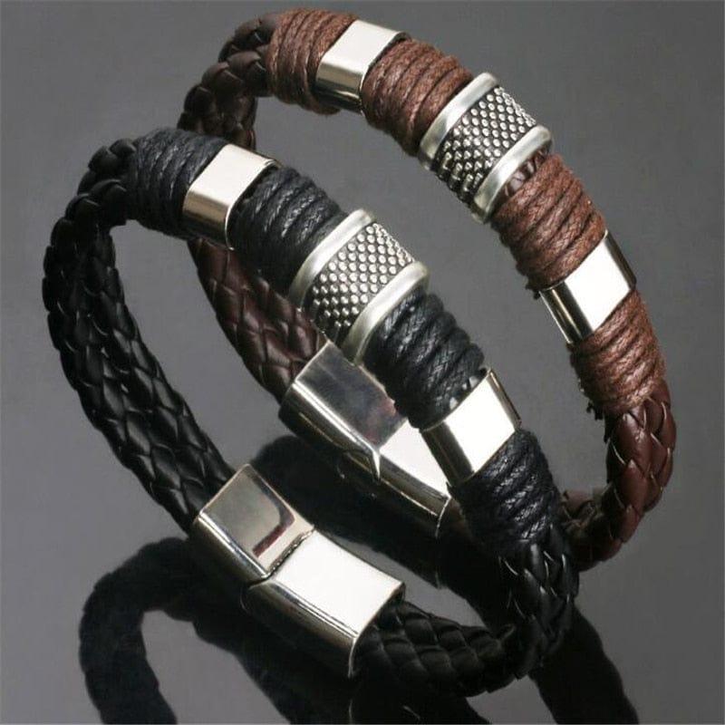 Bracelet en cuir véritable tressé noir et marron avec breloque en acier inoxydable de qualité supérieure - un bijou de poignet pour homme de ZOSHI - Adenbora