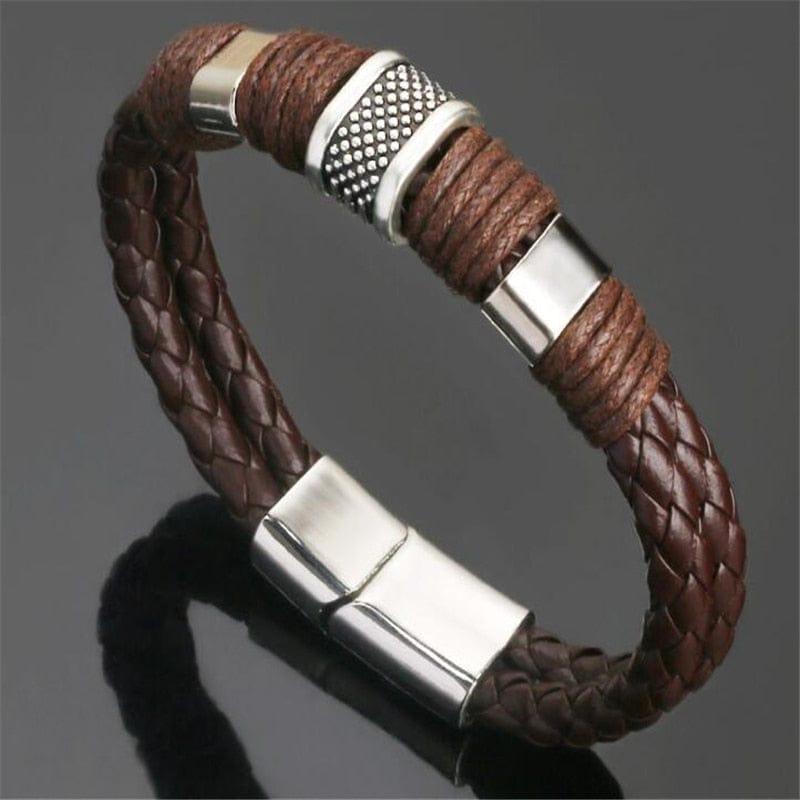 Bracelet en cuir véritable tressé noir et marron avec breloque en acier inoxydable de qualité supérieure - un bijou de poignet pour homme de ZOSHI - Adenbora