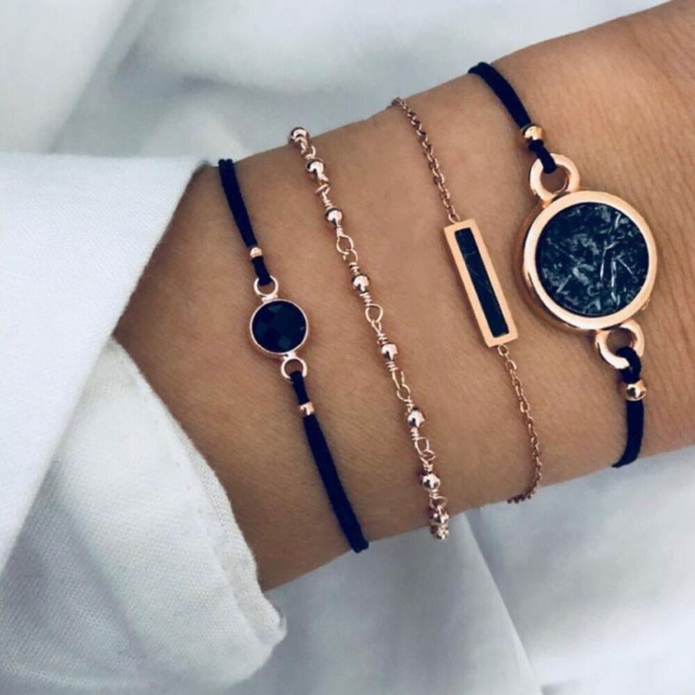 Bracelet Ensemble Cuir Noir Bohême Femme - Adenbora