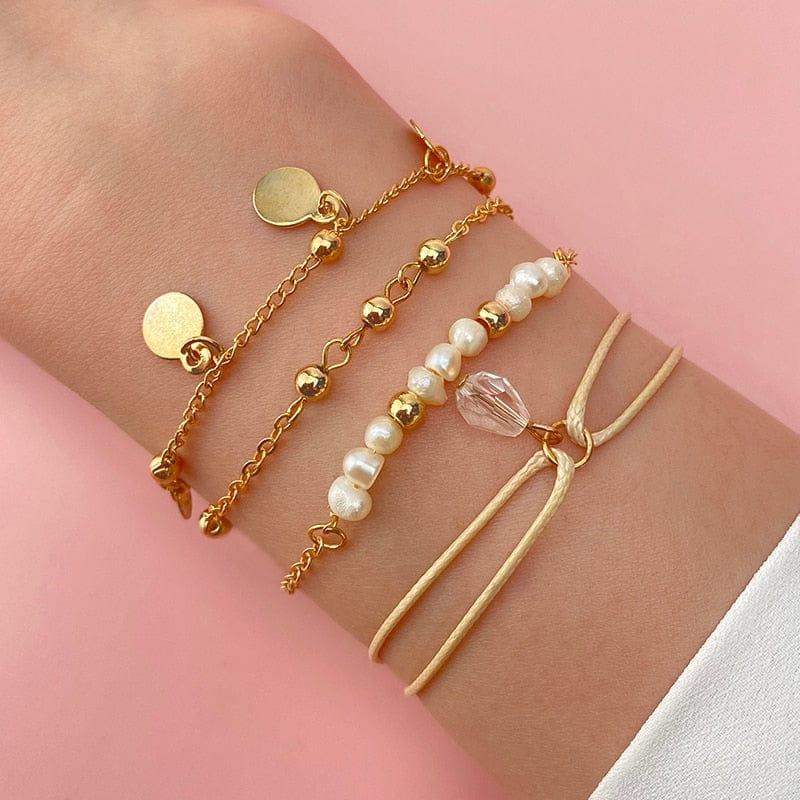 Bracelets Charms en Cristal Géométriques FNIO 4Pcs/Set pour Femmes - Ensemble de Bracelets de Feuilles d’Or - Adenbora