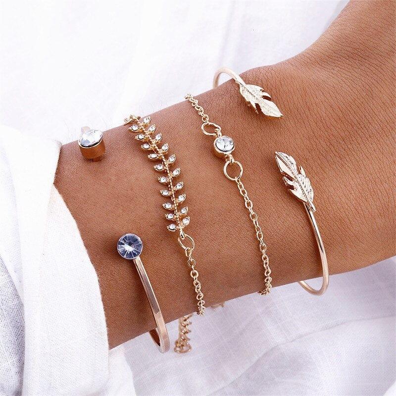 Bracelets Charms en Cristal Géométriques FNIO 4Pcs/Set pour Femmes - Ensemble de Bracelets de Feuilles d’Or - Adenbora