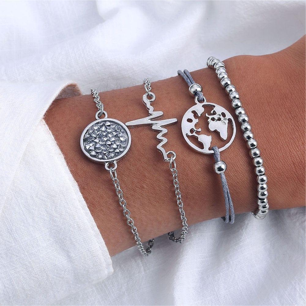 Bracelets Charms en Cristal Géométriques FNIO 4Pcs/Set pour Femmes - Ensemble de Bracelets de Feuilles d’Or - Adenbora