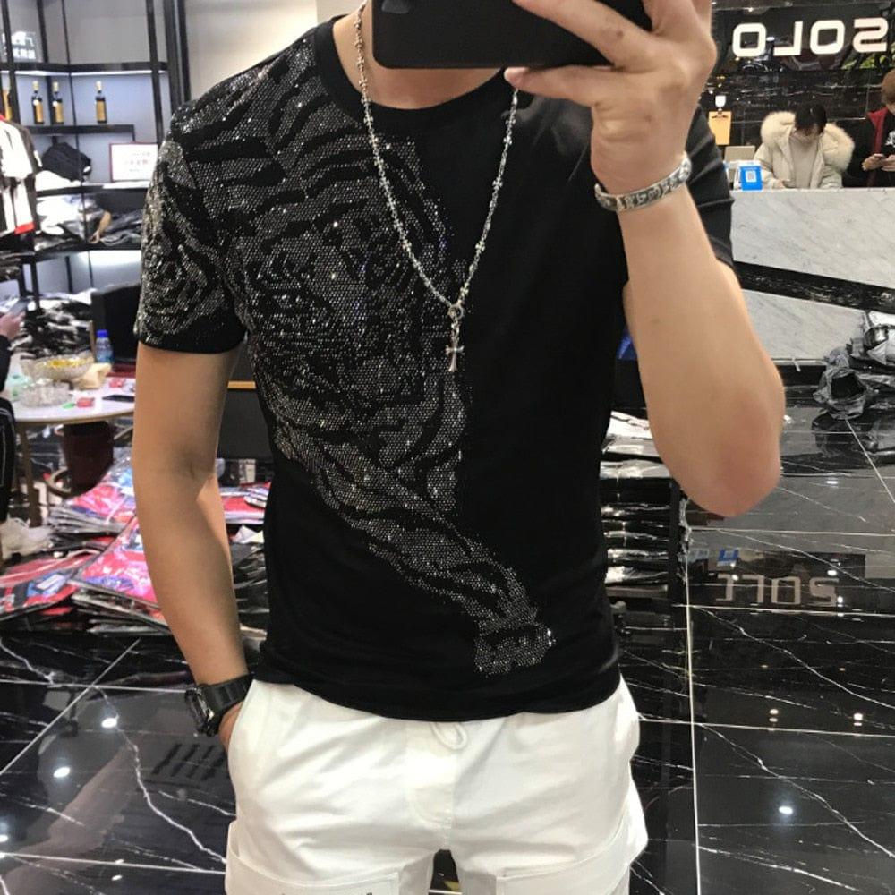 Homme haut t-shirt tigre chaud diamant impression Streetwear t-shirt Homme - Adenbora