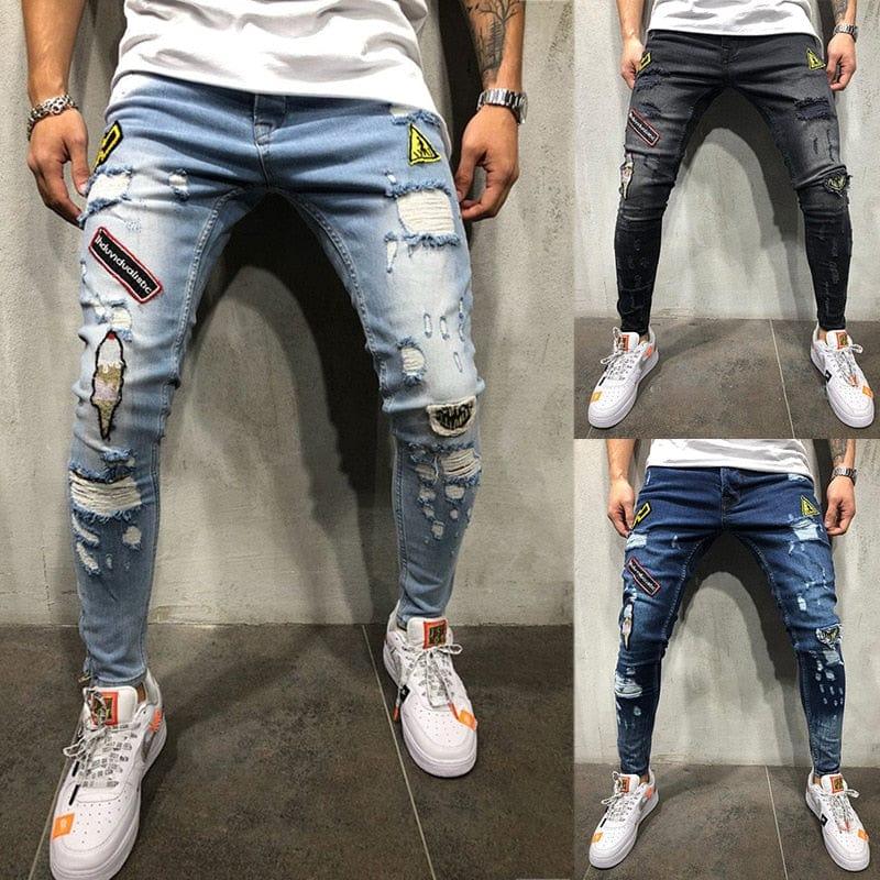 Jeans délavés troué pour homme avec motif brodé streetwear - Adenbora