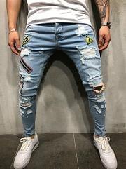 Jeans délavés troué pour homme avec motif brodé streetwear - Adenbora