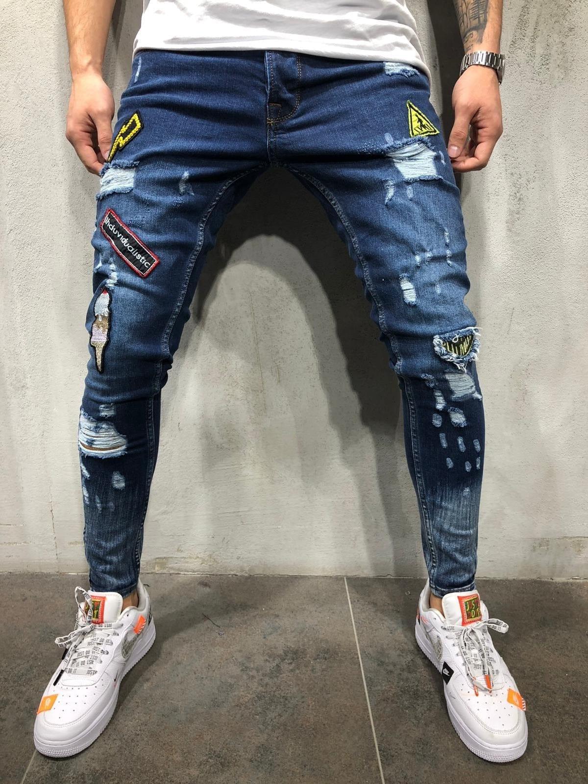 Jeans délavés troué pour homme avec motif brodé streetwear - Adenbora