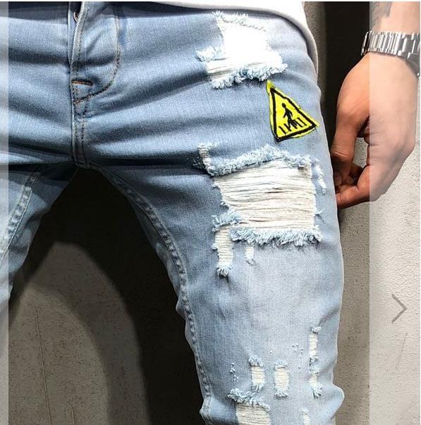 Jeans délavés troué pour homme avec motif brodé streetwear - Adenbora