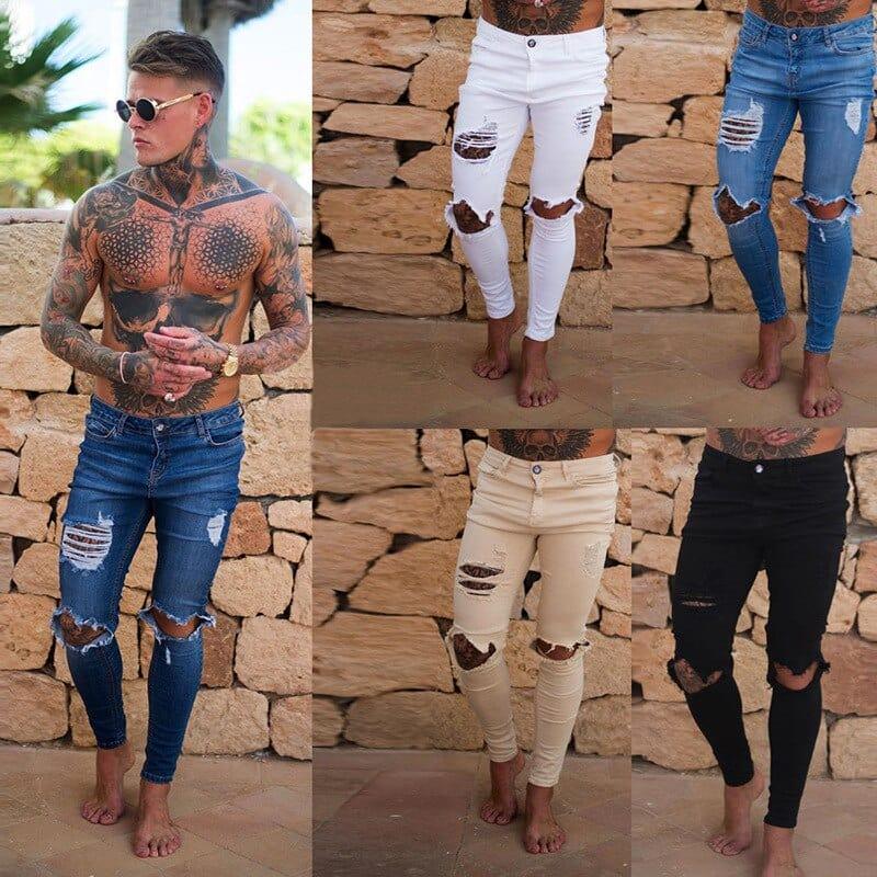 Jeans effet délavés pour homme originale troué blanc noir bleu - Adenbora