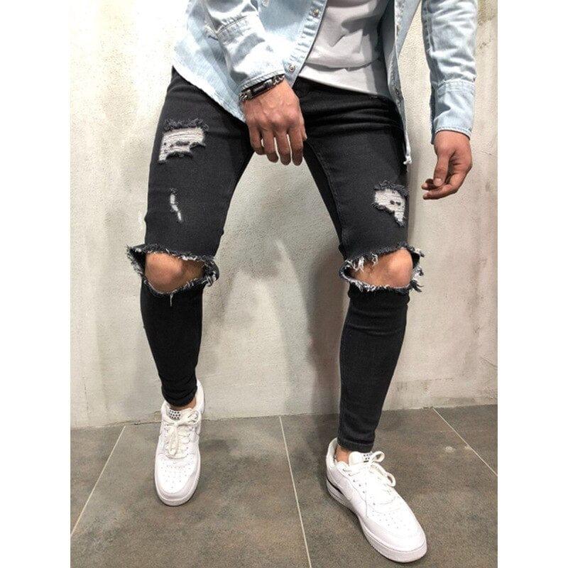 Jeans slim troué style streetwear destroyed décontracté pour homme - Adenbora