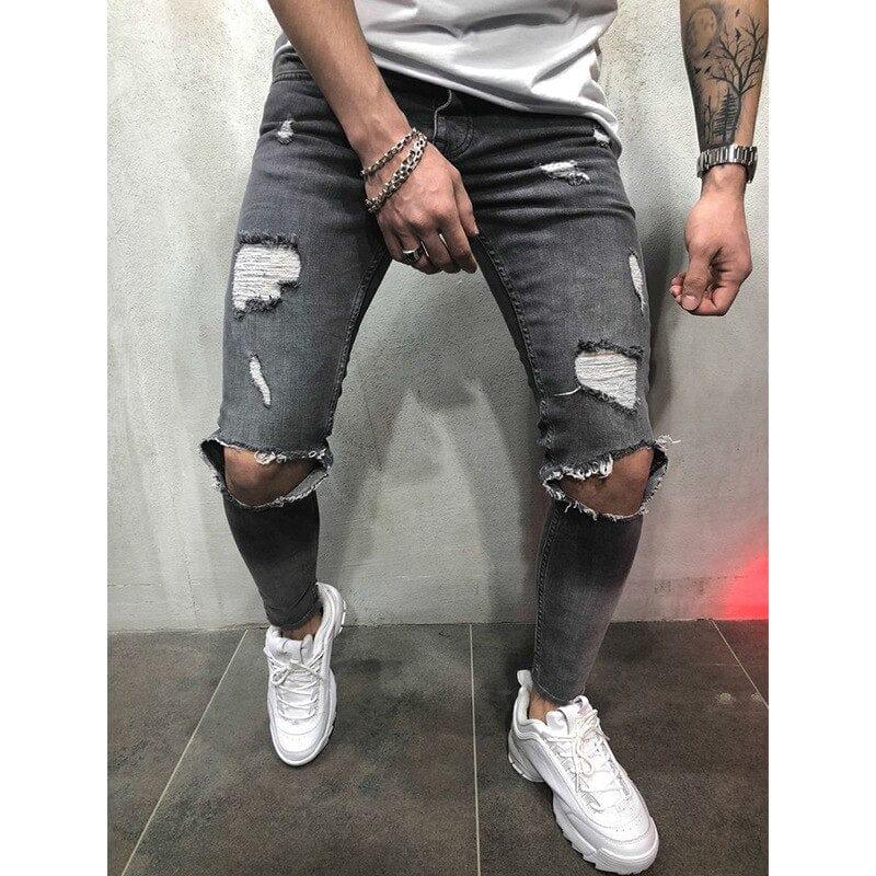 Jeans slim troué style streetwear destroyed décontracté pour homme - Adenbora