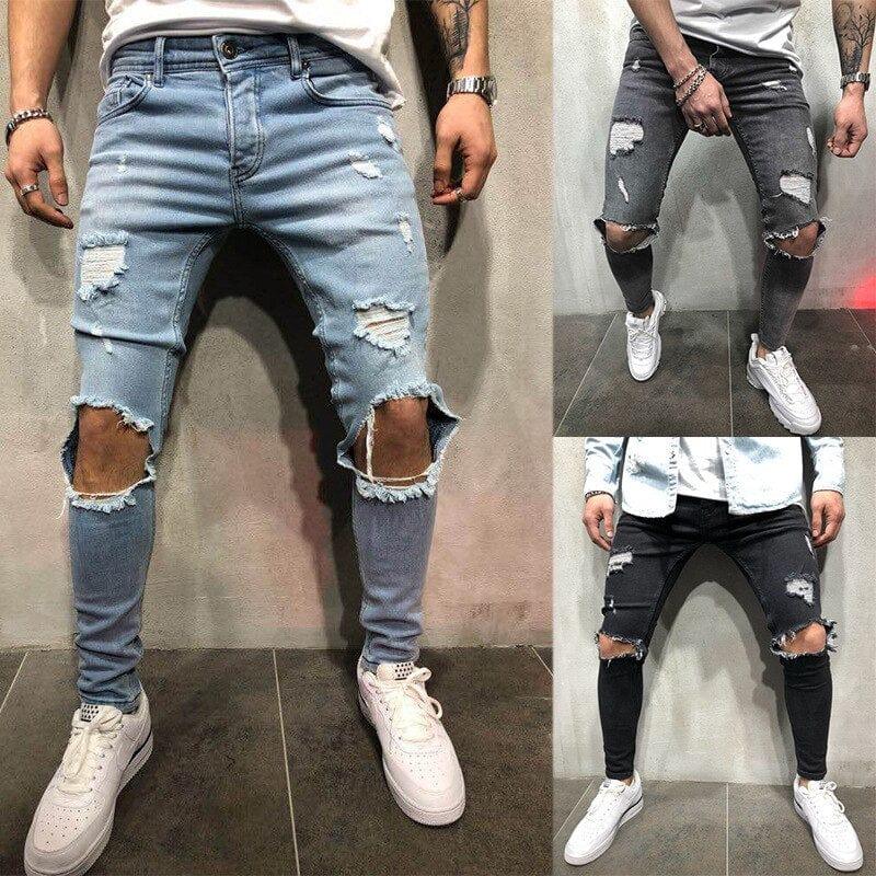 Jeans slim troué style streetwear destroyed décontracté pour homme - Adenbora