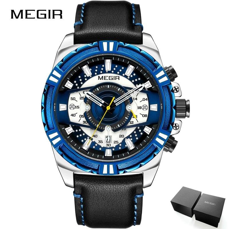 Montre Homme MEGIR avec Bracelet en Cuir pour Sports et Loisirs - Étanche, Quartz, Lumineuse, avec Chronographe et Calendrier Complet - Adenbora