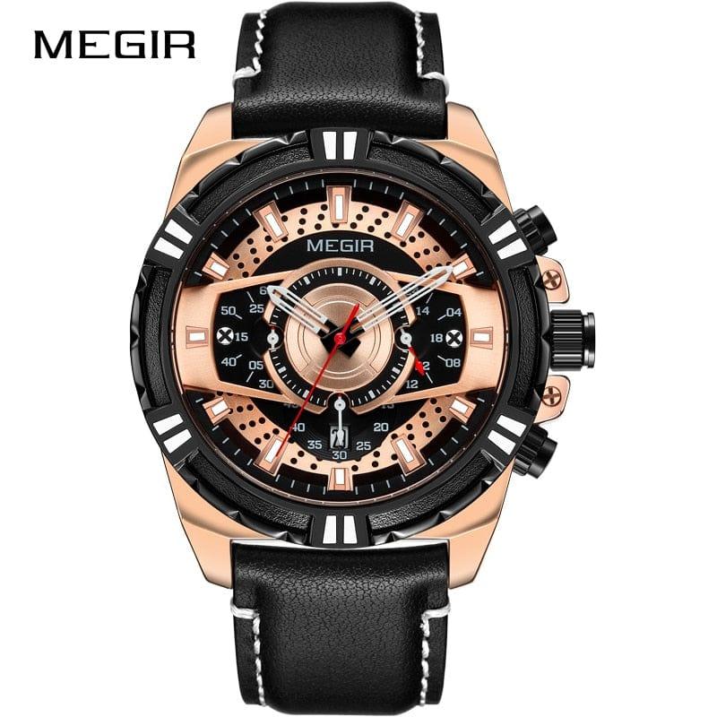 Montre Homme MEGIR avec Bracelet en Cuir pour Sports et Loisirs - Étanche, Quartz, Lumineuse, avec Chronographe et Calendrier Complet - Adenbora