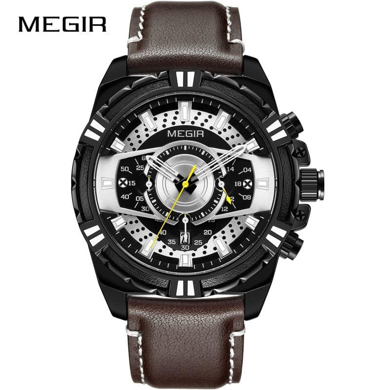 Montre Homme MEGIR avec Bracelet en Cuir pour Sports et Loisirs - Étanche, Quartz, Lumineuse, avec Chronographe et Calendrier Complet - Adenbora