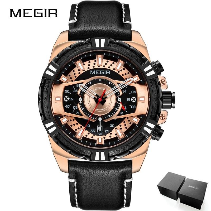 Montre Homme MEGIR avec Bracelet en Cuir pour Sports et Loisirs - Étanche, Quartz, Lumineuse, avec Chronographe et Calendrier Complet - Adenbora