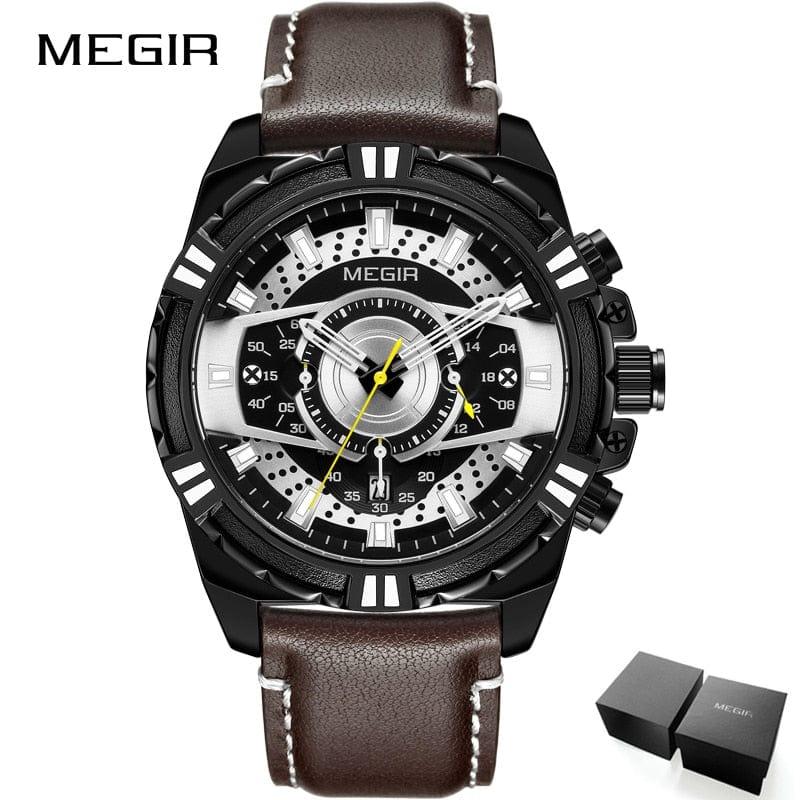 Montre Homme MEGIR avec Bracelet en Cuir pour Sports et Loisirs - Étanche, Quartz, Lumineuse, avec Chronographe et Calendrier Complet - Adenbora