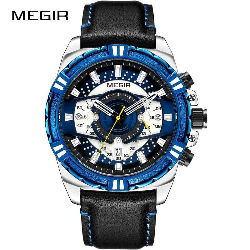 Montre Homme MEGIR avec Bracelet en Cuir pour Sports et Loisirs - Étanche, Quartz, Lumineuse, avec Chronographe et Calendrier Complet - Adenbora