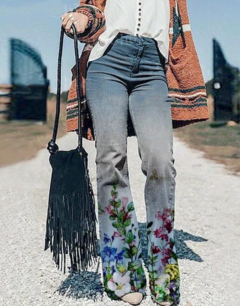 Pantalon évasé à motif floral pour femme, style chinois et élégant - Adenbora