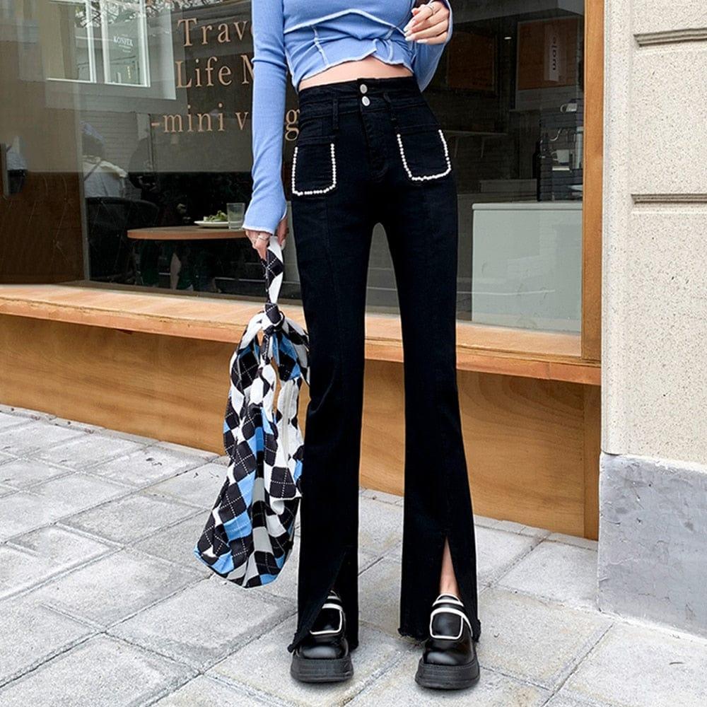 Pantalon évasé taille haute pour femme avec fermeture éclair et fausses poches - Adenbora