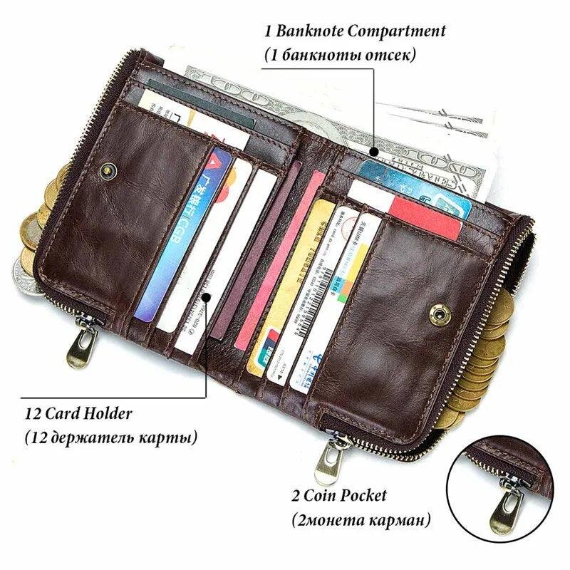 Portefeuille vintage homme rfid petit bourse vache en cuir mini sac à main mâle portefeuille courte à glissière double baisse de monnaie - Adenbora