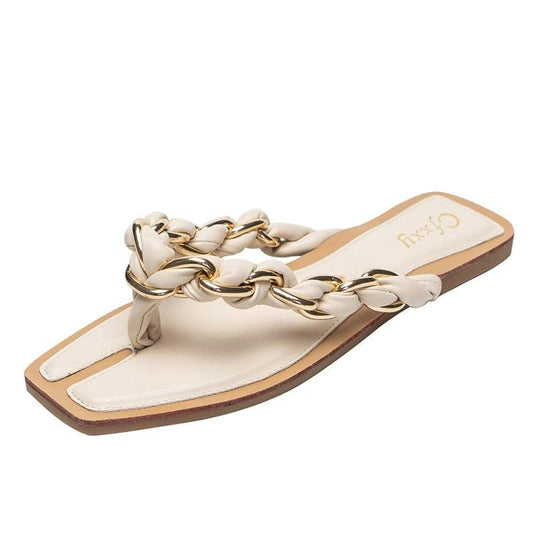 Sandales plates avec chaîne en or pour Femmes, tongs à la mode - Adenbora