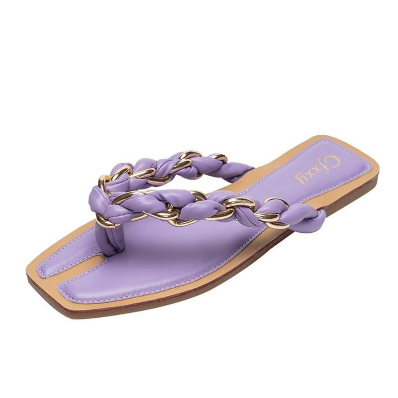 Sandales plates avec chaîne en or pour Femmes, tongs à la mode - Adenbora