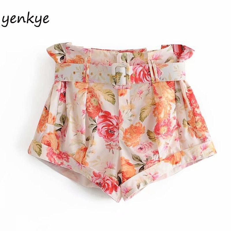 Short streetwear floral taille haute pour femme avec ceinture - Adenbora