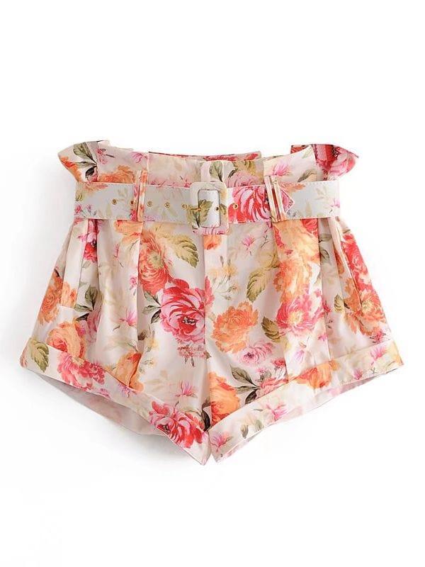 Short streetwear floral taille haute pour femme avec ceinture - Adenbora