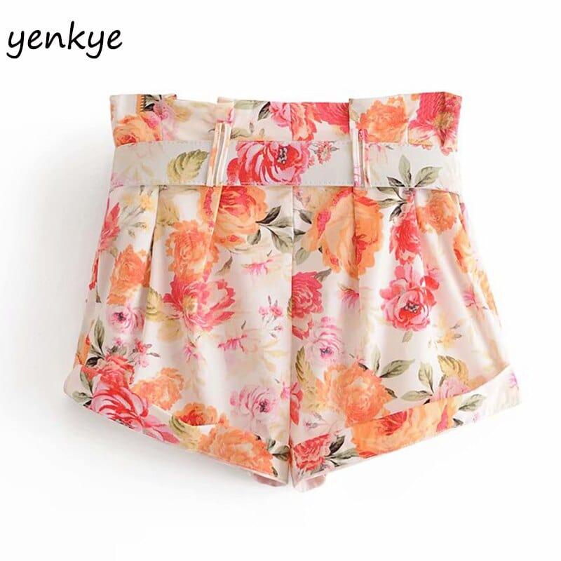 Short streetwear floral taille haute pour femme avec ceinture - Adenbora